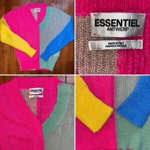 ESSENTIEL Antwerp $355 Vivar Colorblock V Neck Sweater Made In Italy XS US2 NWOT